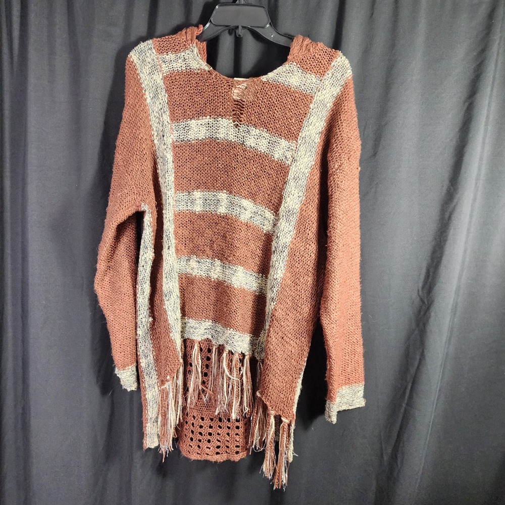 Grace & Emma‎ Oversized Knit Hooded Sweater Tunic Fringe Distress XL 2XL